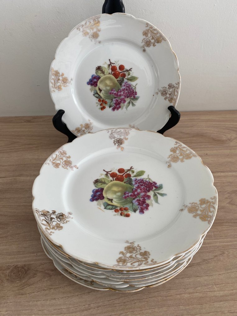 Limoges - Serviço de sobremesa (8) - Porcelana - Prato de sobremesa com frutas #1.0