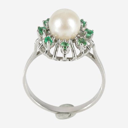 Zonder minimumprijs - Designer jewellery - Ring - Akoyaperle Ø 7,2 mm Hauszertifikat - 14 karaat Witgoud - 0.80ct. tw. Smaragd - Parel #2.1
