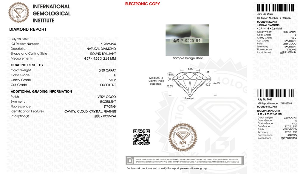 沒有保留價 - 1 pcs 鑽石  (天然)  - 0.30 ct - 圓形 - E(近乎完全無色) - VS2 - 國際寶石學院（International Gemological Institute (IGI)） - *EX VG* #1.0