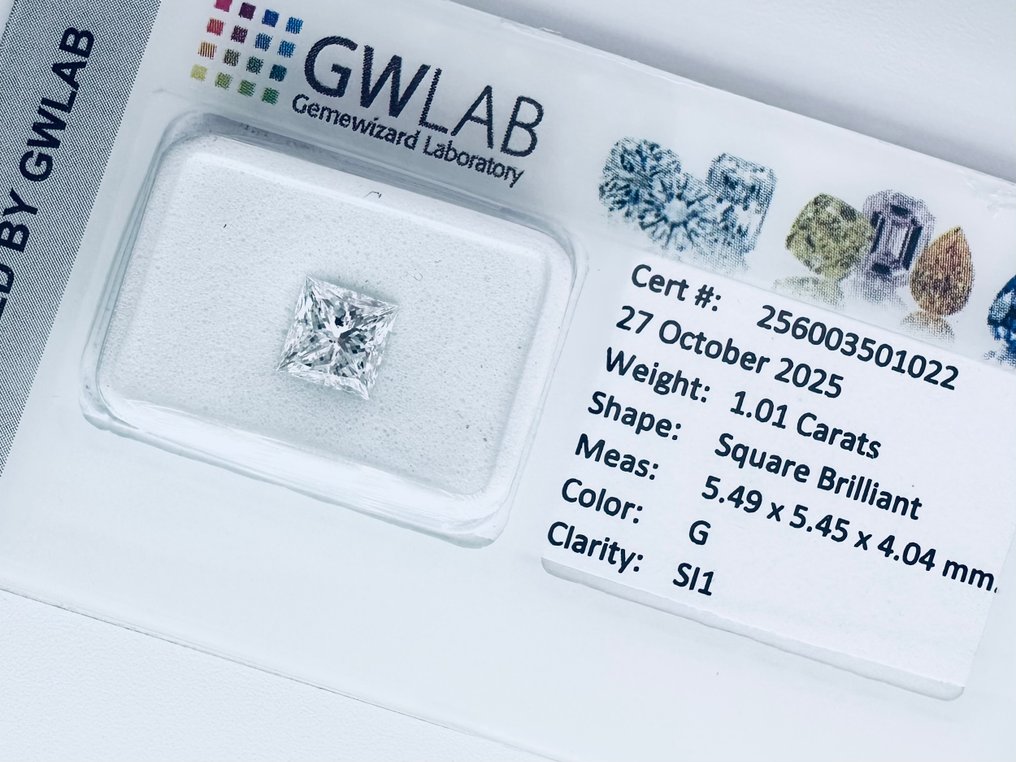 1 pcs 钻石  (天然)  - 1.01 ct - 方形 - G - SI1 微内含一级 - Gemewizard宝石实验室（GWLab） #2.1