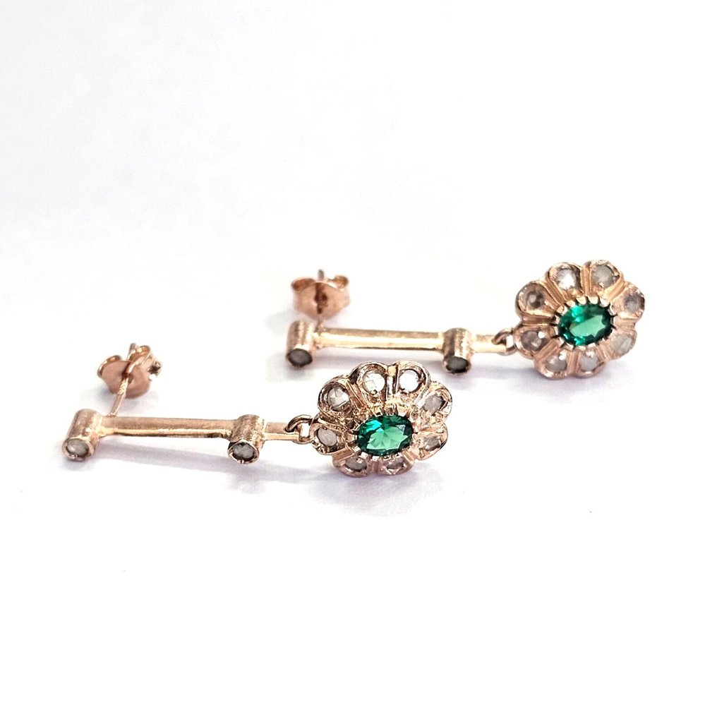 没有保留价 - 耳环 - 9 kt. 玫瑰金, 银 -  0.90ct. tw. 祖母绿 - 钻石 #1.0