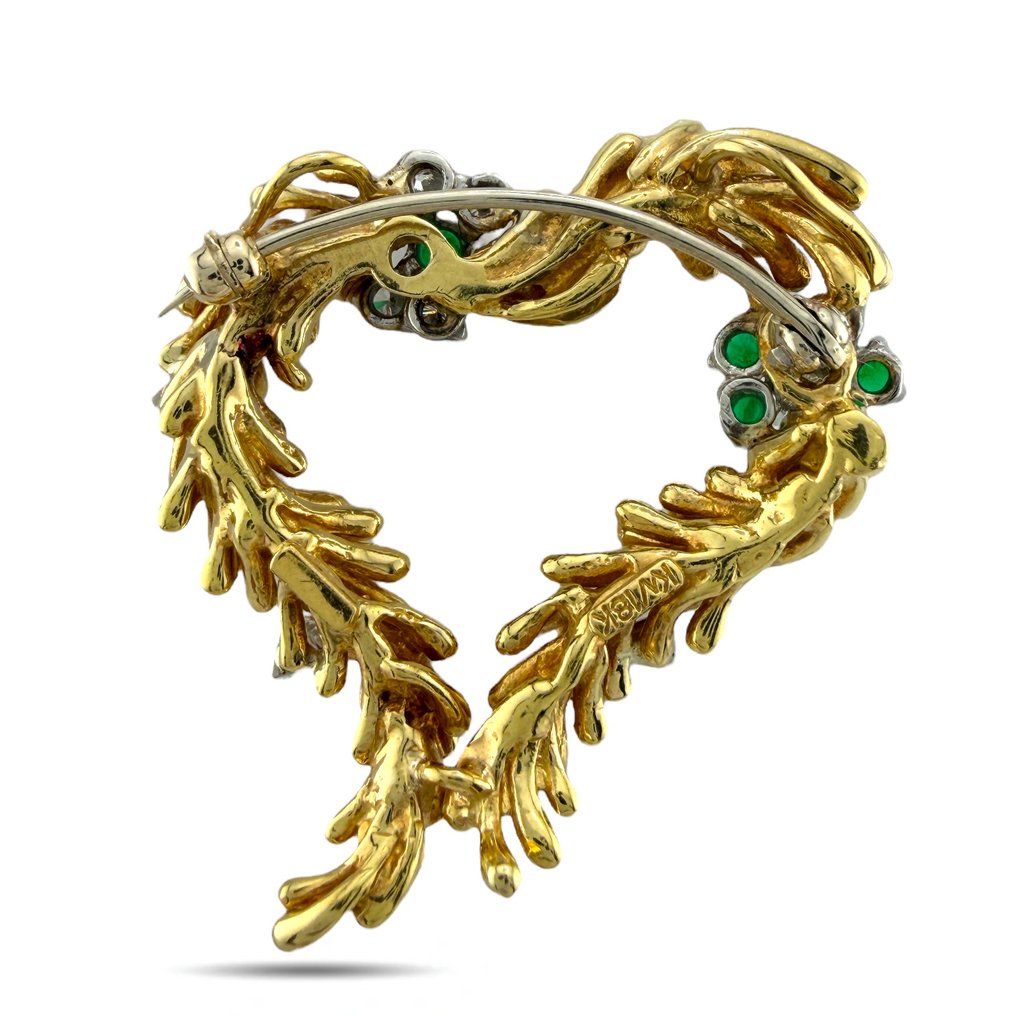 Bross - 18 kt. Sárga arany, Exkluzív 18K sárga arany szív alakú smaragd és 0,48 karátos gyémánt brossén. - 0.48ct. tw. Gyémánt (Természetes) #3.2