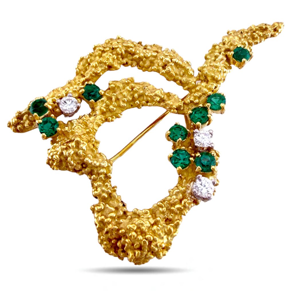 Bross - 18 kt. Sárga arany, Exkluzív 18K sárga arany 0,27ct smaragd és 0,24ct gyémánt texturált kitűző - 0.24ct. tw. Gyémánt (Természetes) - Smaragd #2.1