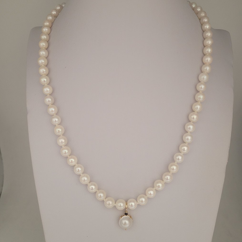 没有保留价 - 吊坠项链 - 18K包金 黄金 珍珠 - 蓝宝石 - Akoya #3.2