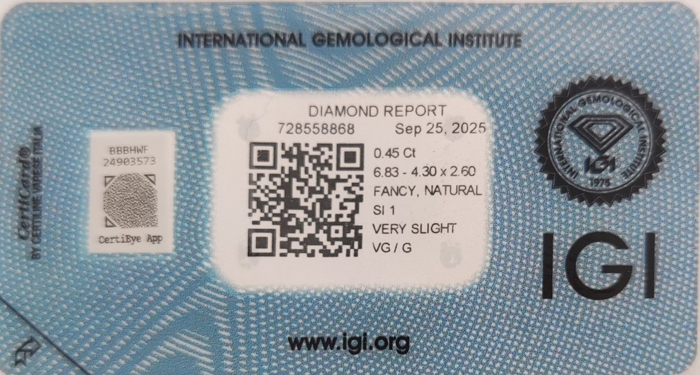 没有保留价 - 1 pcs 钻石  (天然色彩的)  - 0.45 ct - 梨形 - Fancy 黄色 - SI1 微内含一级 - 国际宝石研究院（IGI） #2.1