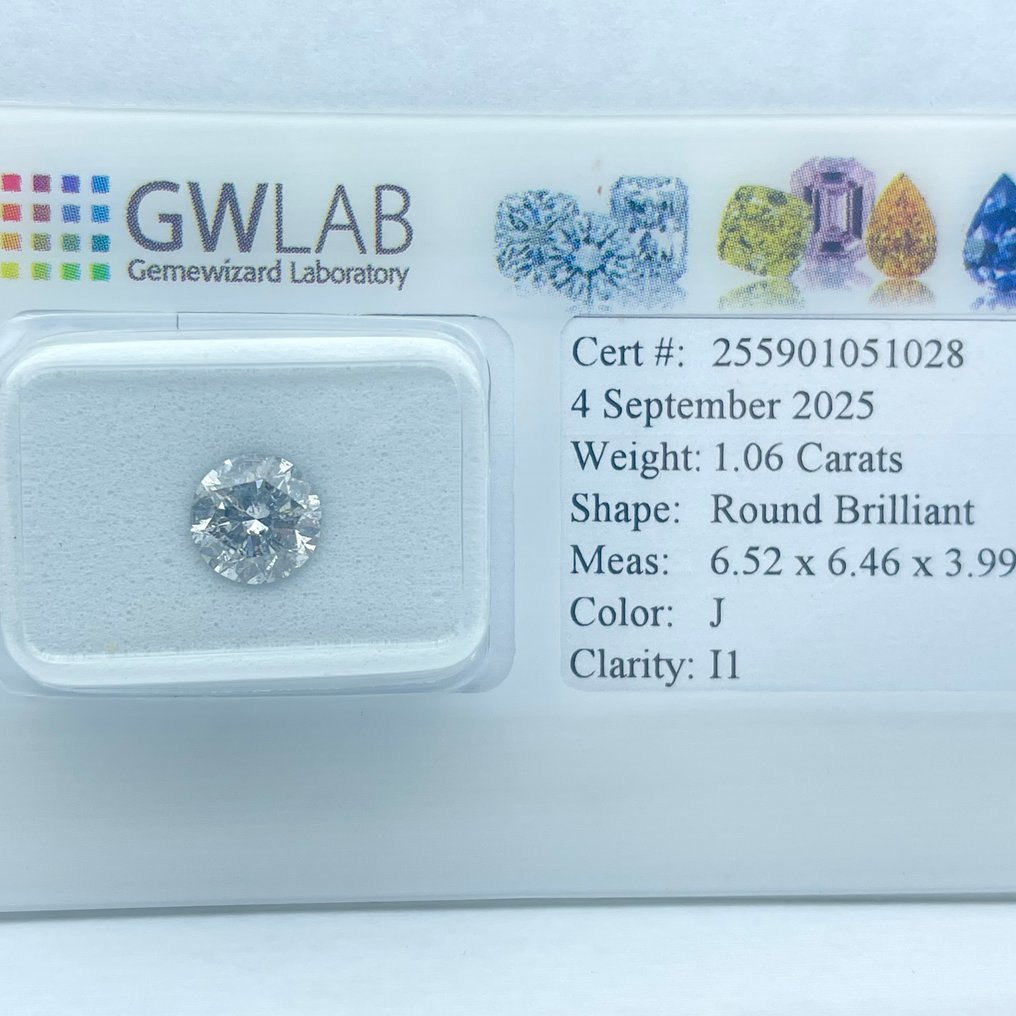 χωρίς τιμή ασφαλείας - 1 pcs Διαμάντι  (Φυσικό)  - 1.06 ct - Στρογγυλό - J - I1 - Gemewizard Gemological Laboratory (GWLab) #1.0