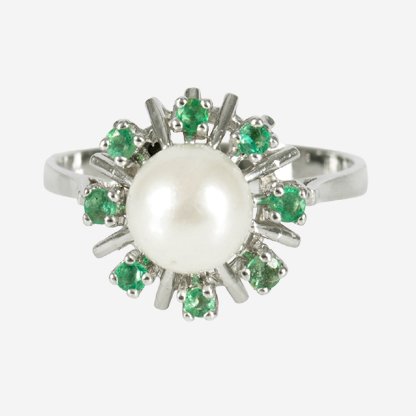 Zonder minimumprijs - Designer jewellery - Ring - Akoyaperle Ø 7,2 mm Hauszertifikat - 14 karaat Witgoud - 0.80ct. tw. Smaragd - Parel #1.0