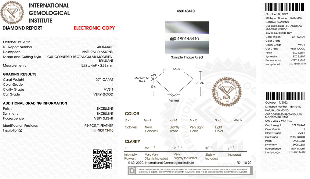 1 pcs 钻石  (天然)  - 0.71 ct - 雷地恩型 - I - VVS1 极轻微内含一级 - 国际宝石研究院（IGI） - 璀璨钻石 #2.1