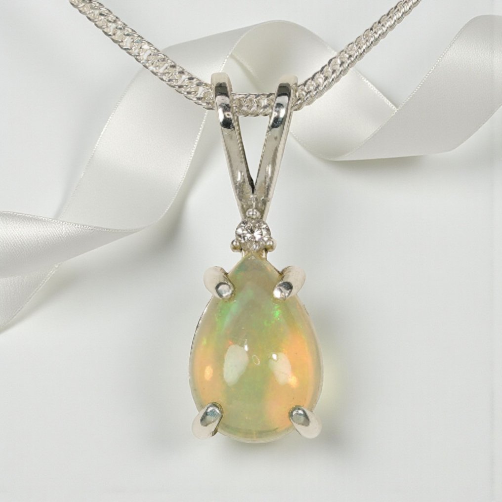 Zonder minimumprijs - G&J - Hanger Zilver Opaal - Diamant - Opal & Diamond #1.0