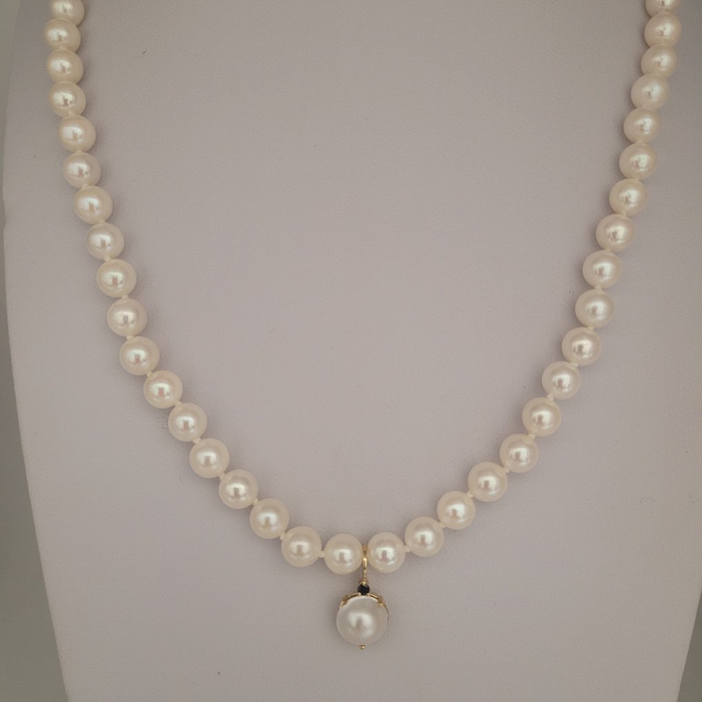 没有保留价 - 吊坠项链 - 18K包金 黄金 珍珠 - 蓝宝石 - Akoya #2.1