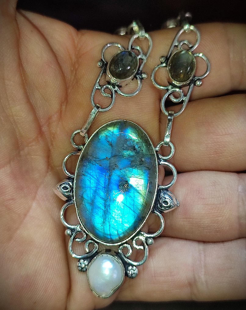 Κανένα ελάχιστο όριο τιμής. Όμορφο κόσμημα από πρώτης ποιότητας Labradorite και Keshi Pearl, - Κολιέ κολάρο #3.2