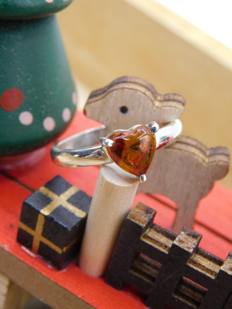 Anello in argento 925 con cuore di Ambra baltica top quality- 2.7 g - (1) #3.2