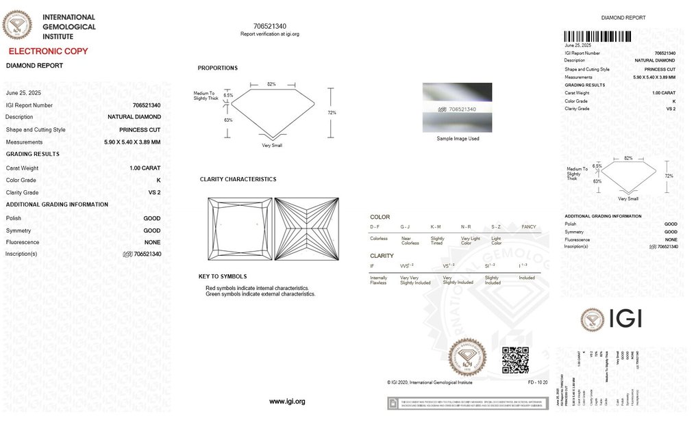1 pcs Diamant (Naturlig) - 1.00 ct - Firkant - K - VS2 - Det internasjonale gemologiske institutt (IGI) #2.1