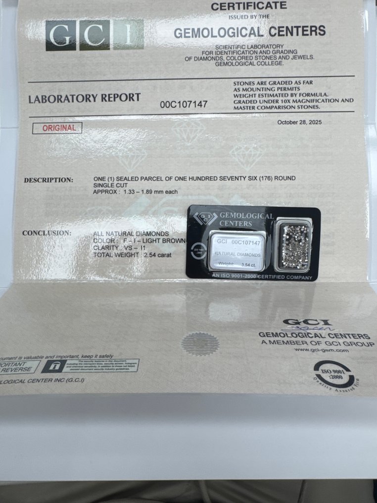没有保留价 - 176 pcs 钻石 (天然色彩的) - 2.54 ct - 圆形 - Light 棕色 - VS1 轻微内含一级, I1 内含一级 - 以色列宝石中心(G.C.I.) #1.0