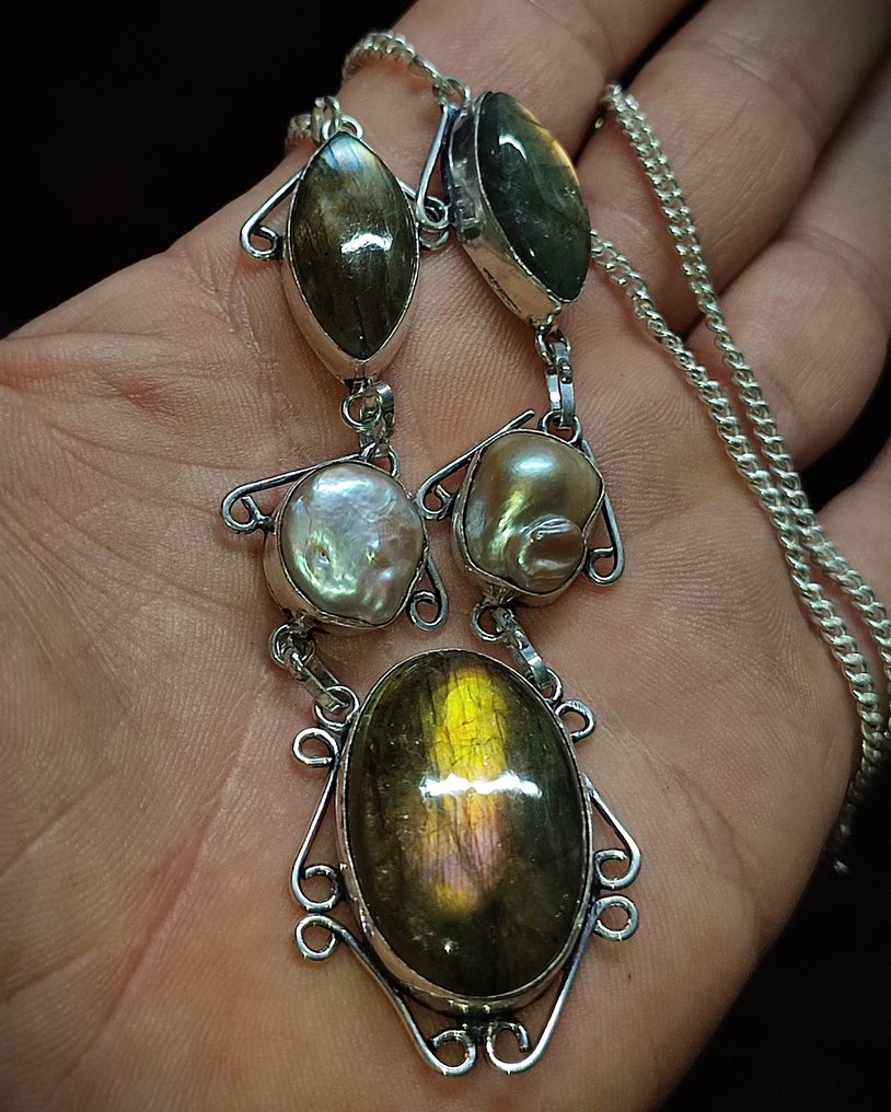 Collana artigianale in argento 925 con labradorite di prima qualità e perle Keshi, senza prezzo di - Collier #3.2