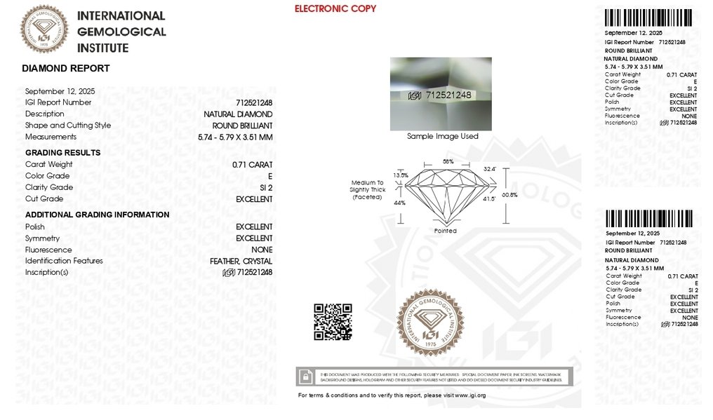 1 pcs 钻石 (天然) - 0.71 ct - 圆形 - E - SI2 微内含二级 - 国际宝石研究院(IGI) #1.0