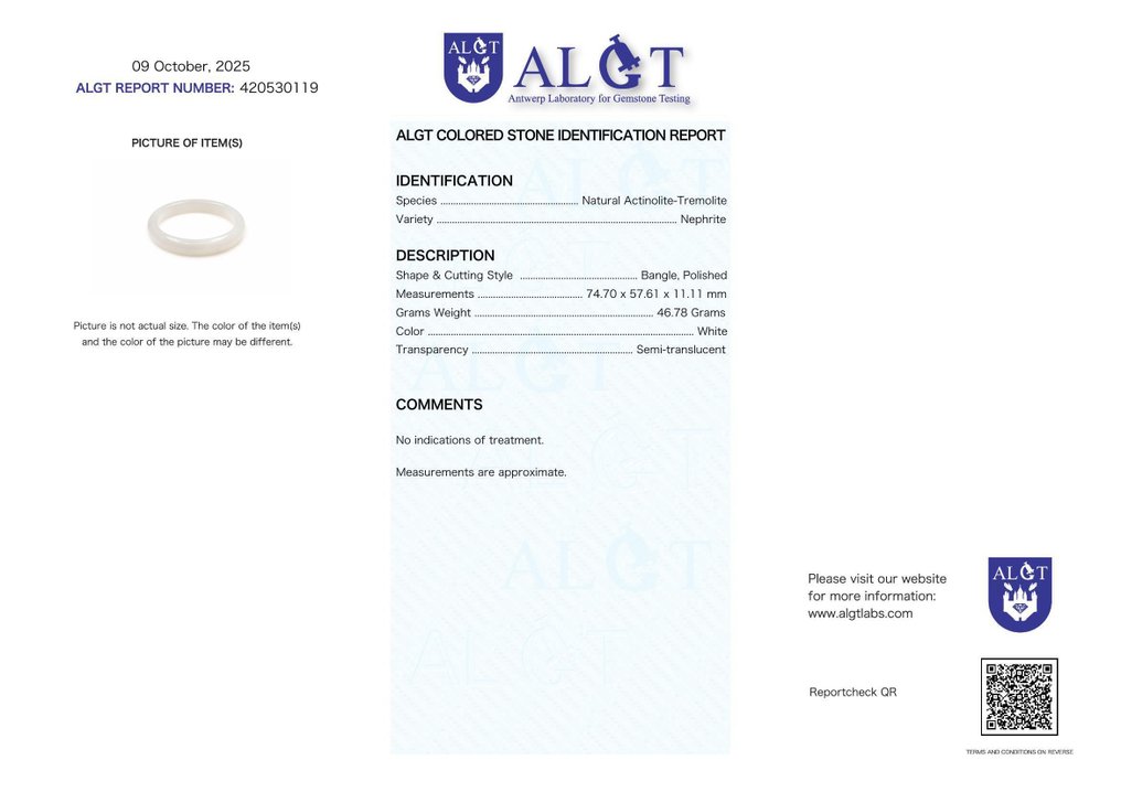 ALGT 认证 - 大型高端天然软玉手镯 地质精确与耐心的结晶- 46.78 g #2.1