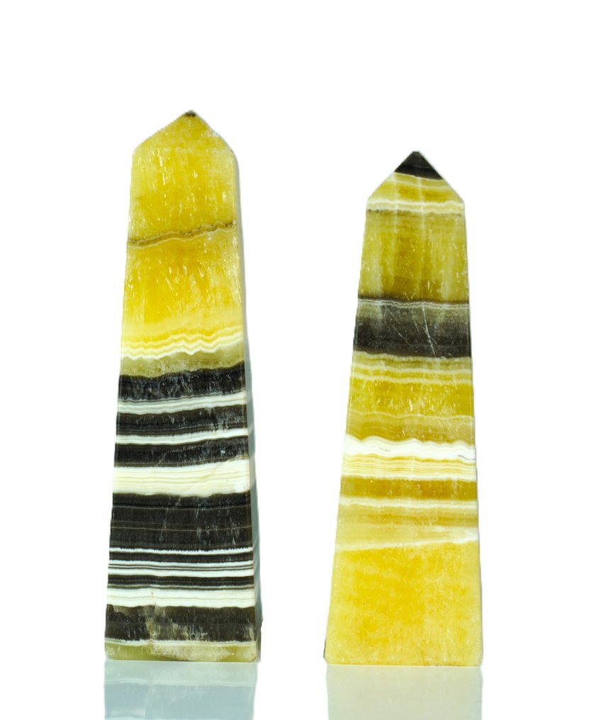 Elegant Pair of Rare - Banded Black Zebra Honey Calcite Stone – Natural Obelisk - Height: 200 mm - Width: 50 mm- 1830 g - (2) #4.3