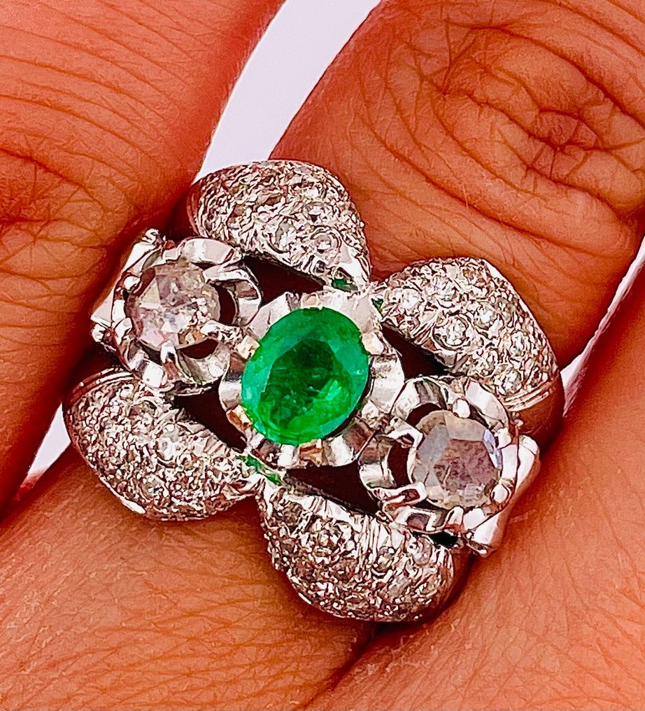 戒指 - 18K包金 白金 祖母绿 - 钻石 #2.1