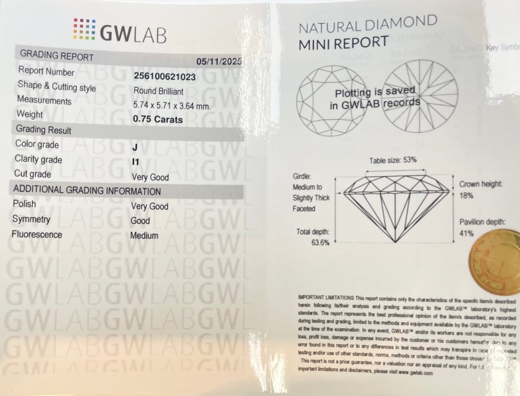 No Reserve Price - 1 pcs Diamond  (Natural)  - 0.75 ct - Round - J - I1 - Gemewizard Gemological Laboratory (GWLab) #2.1