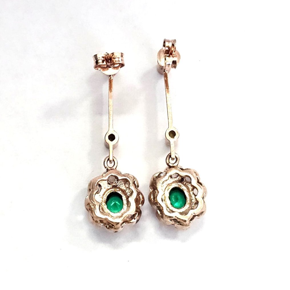 没有保留价 - 耳环 - 9 kt. 玫瑰金, 银 -  0.90ct. tw. 祖母绿 - 钻石 #3.2