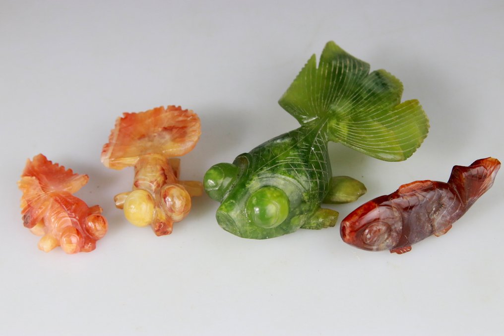 4x Collection Sculptures - Statuettes - Poissons - Agate, Agate Cornaline - Serpentine - Chine - XXe siècle #1.0