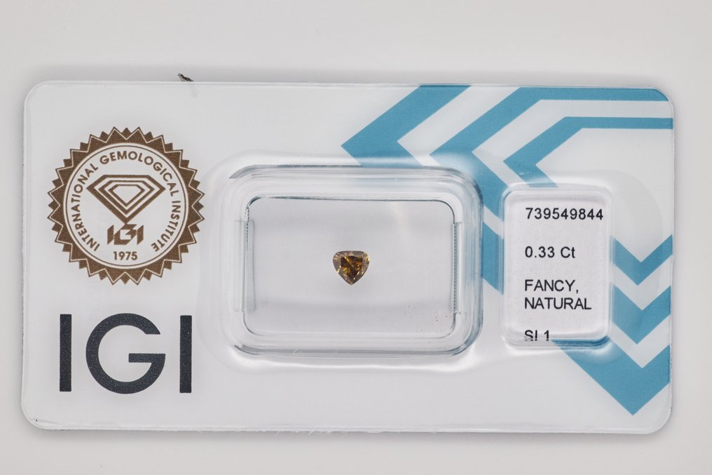 没有保留价 - 1 pcs 钻石 (天然色彩的) - 0.33 ct - 梨形 - Fancy intense 稍帶綠色的, 稍帶棕色的 黄色 - SI1 微内含一级 - 国际宝石研究院(IGI) #1.0