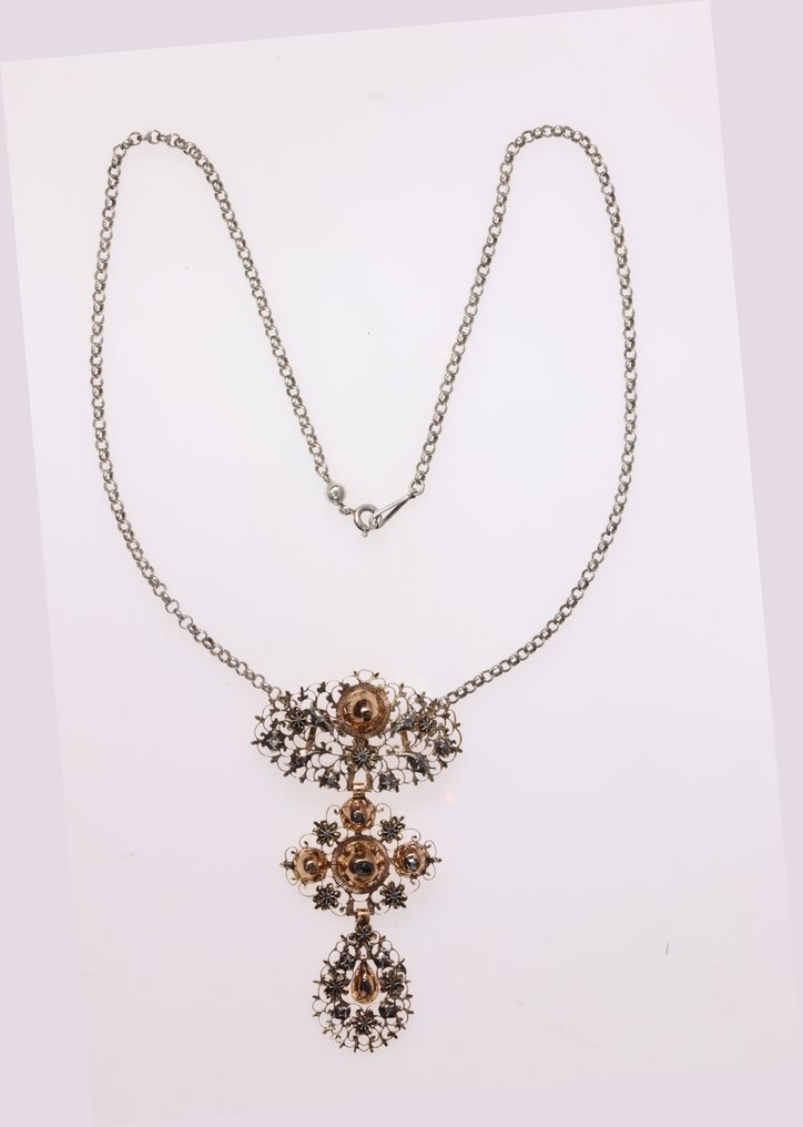 Collier avec pendentif - 18 carats Or jaune, Or rose, Argent Diamant (Naturelle) - Cross, Victorian 1850 #1.0