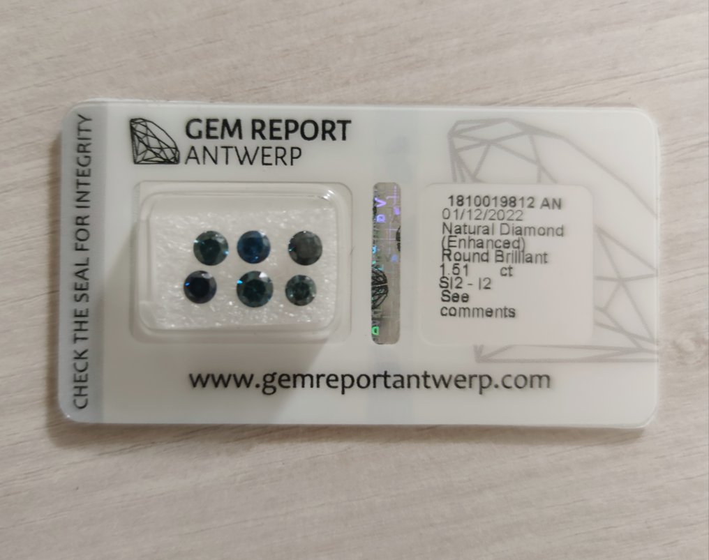 6 pcs Διαμάντι (Επεξεργασμένου χρώματος) - 1.51 ct - Στρογγυλό - I2, SI2 - Gem Report Antwerp (GRA) - Μπλε με πράσινη απόχρωση / βαθύ #1.0