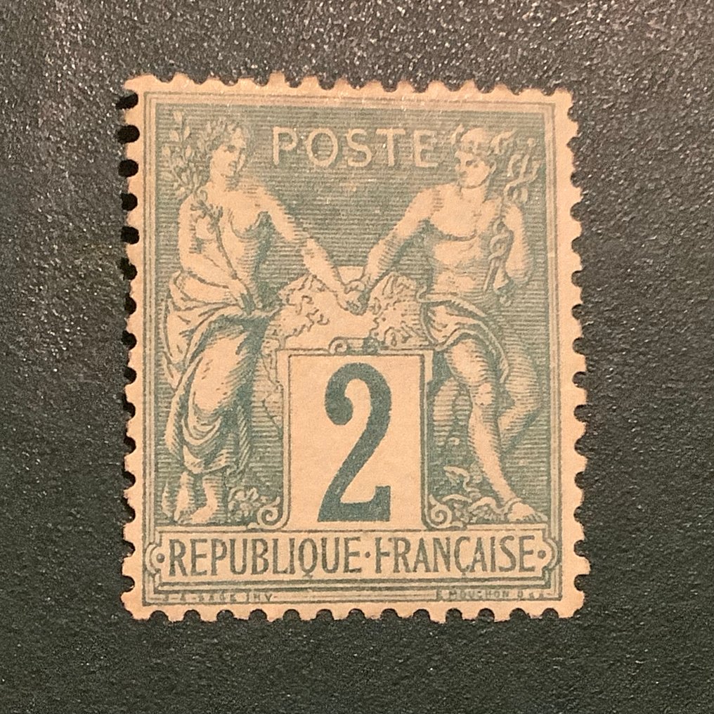 Francia 1876 - 2 cent Sage tipo I, centrado perfecto y aprobado Roig. - Yvert 62 #1.0