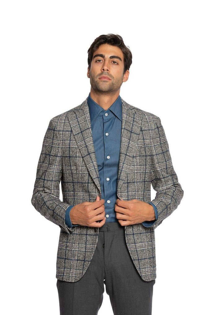 RRP 1800€ FEDELI CASHMERE Gray Blue Blazer Jacket Checks "FERLA BABY ALPACA & Wool" - 54 IT - Blazer - New with tags #1.0