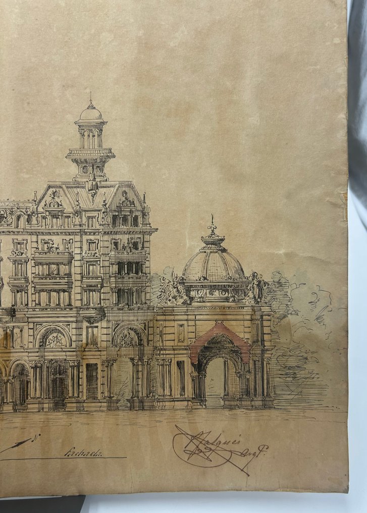 Pere Falqués i Urpí - Plaza de Cataluña - Barcelona [Original drawing project in ink and signed] - 1887 #1.0