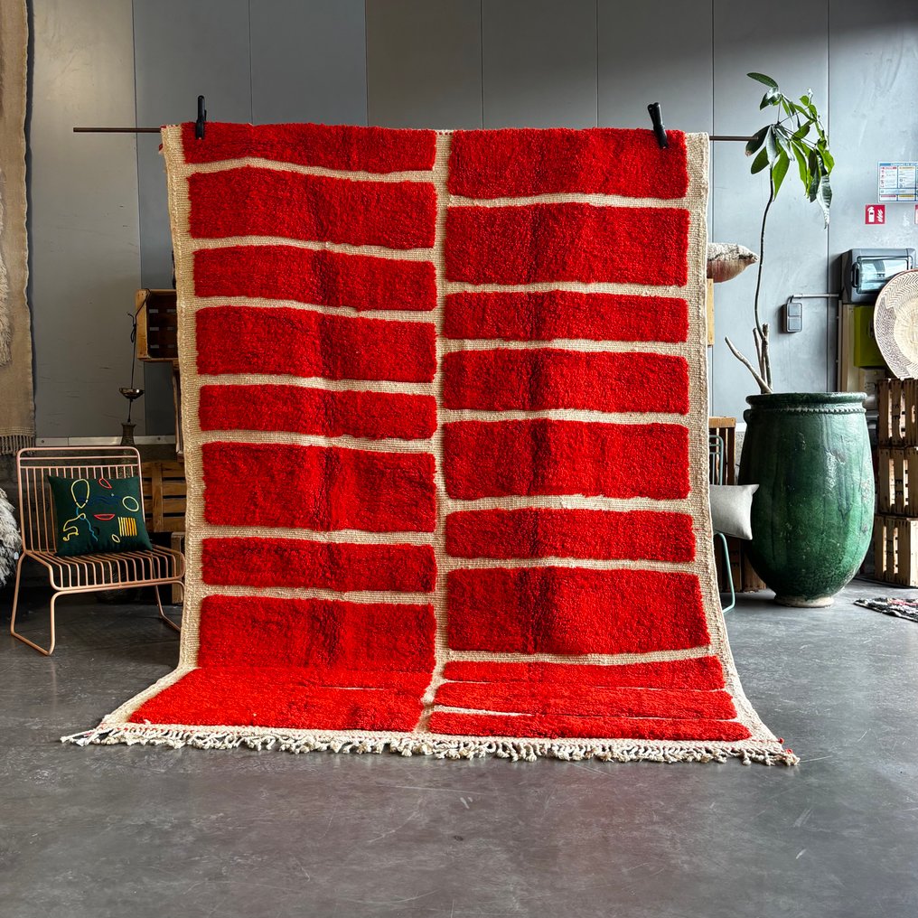 Rødt marokkansk uldtæppe – Håndlavet geometrisk tæppe – Moderne Berber-tæppe - Tæppe - 300 cm - 190 cm - Håndvævet løber #1.0