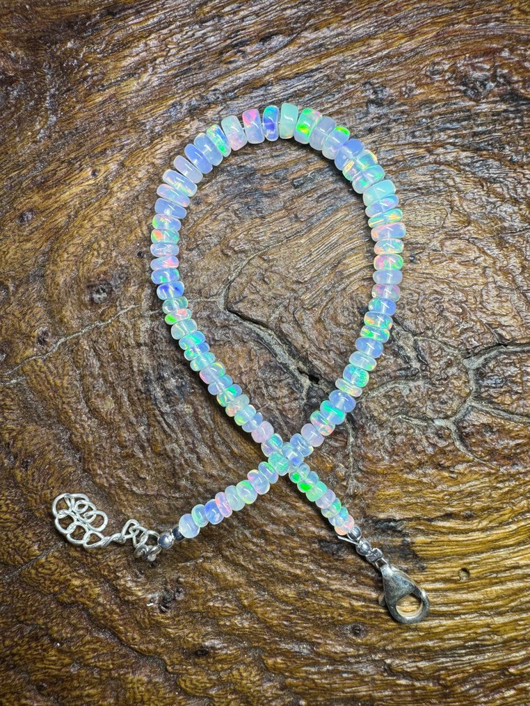 Αυθεντικά λευκά opal μπρασελέ, λεία από την Αιθιοπία + Ασήμι 925. 19,84 καράτια. Κοσμήματα- 3.97 g - (1) #2.1