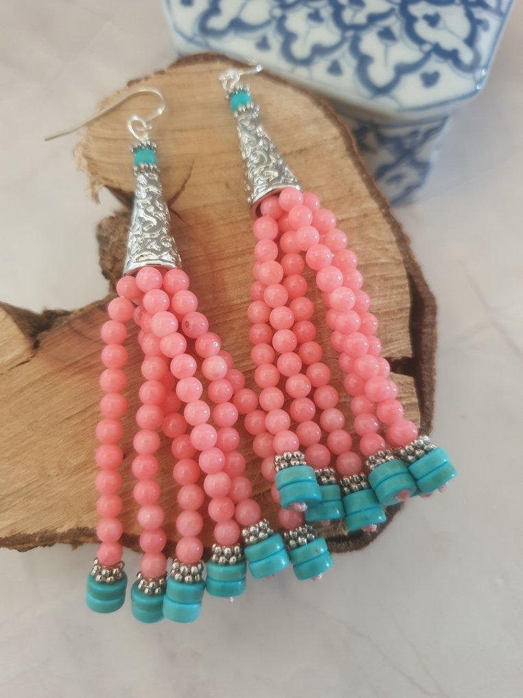 Argento, Corallo rosa, Turchese - Orecchini pendenti a goccia #2.1