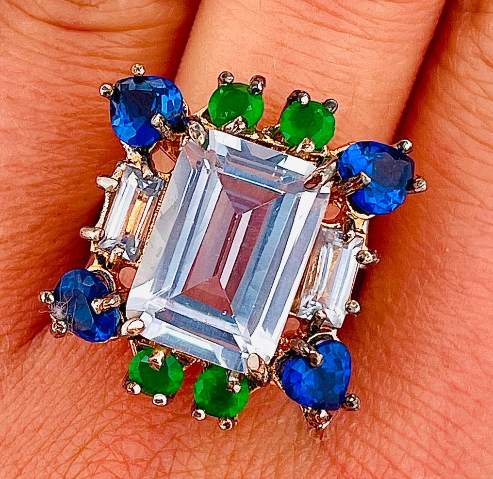 Ingen mindstepris - Ring - 9 kt. Gulguld, Sølv Akvamarin - Safir #2.1