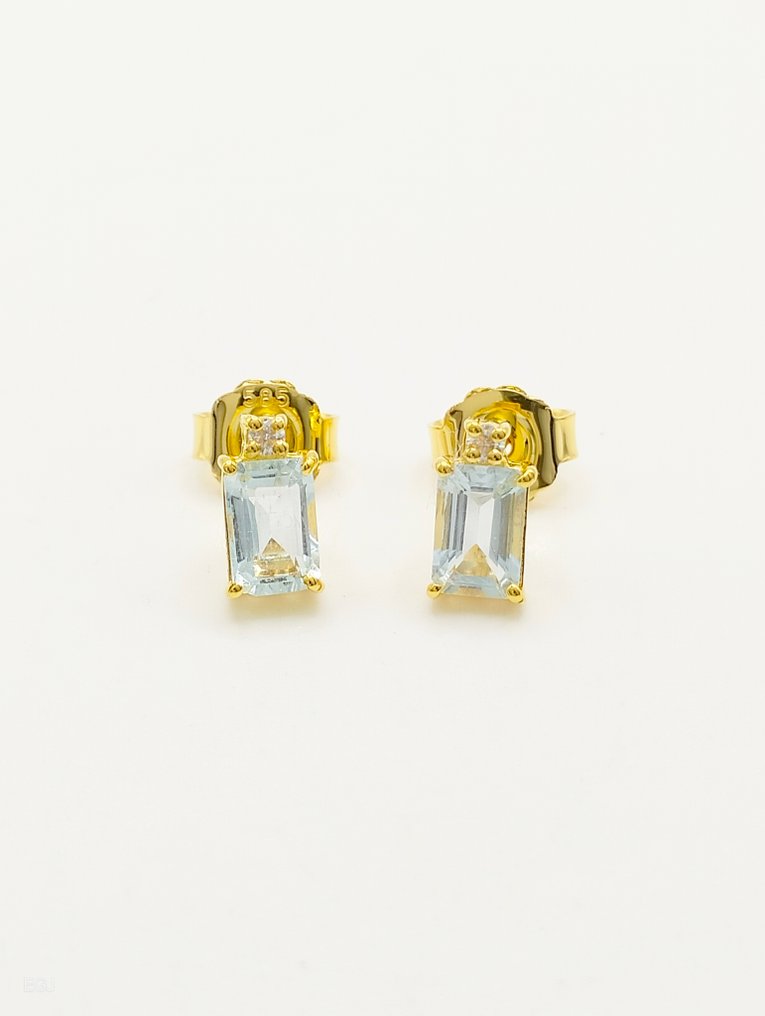 没有保留价 - 耳环 - 14K包金 黄金 海蓝宝石 - 钻石 #4.3