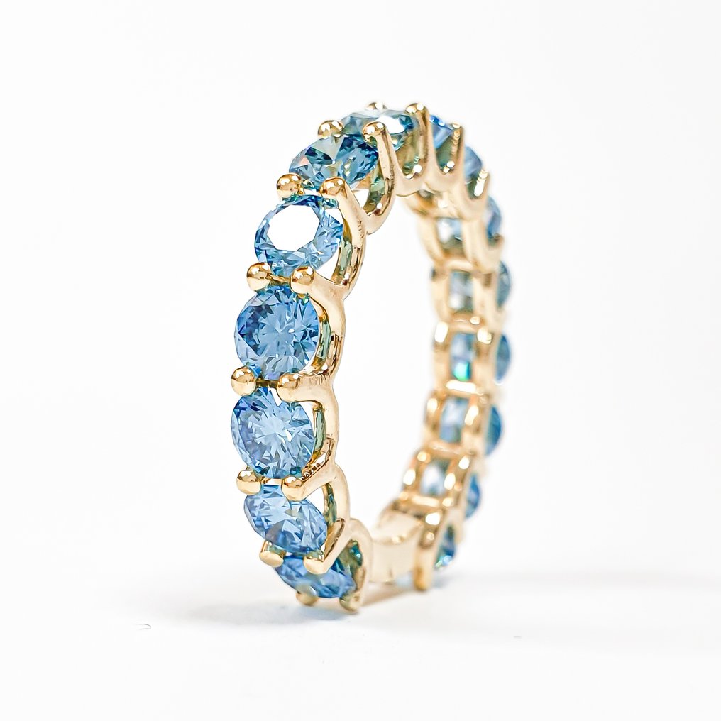 Δαχτυλίδι - 14 καράτια Κίτρινο χρυσό - 3.95ct. tw. Μπλε Διαμάντι (Διαμάντια εργαστηριακής καλλιέργειας με φανταχτερά χρώματα) #1.0
