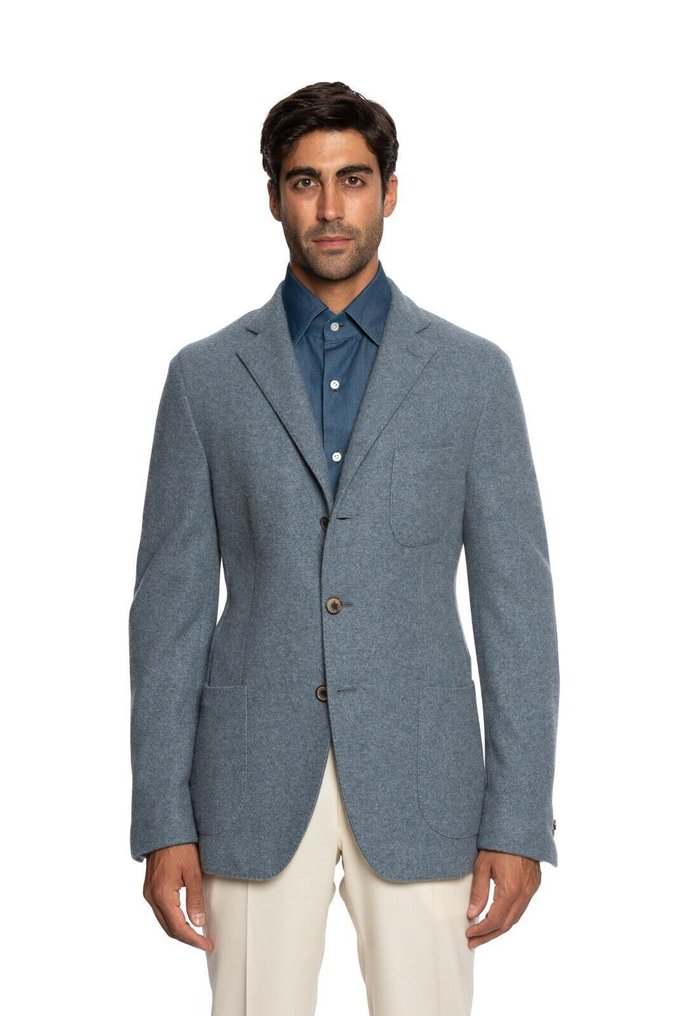FEDELI CASHMERE RRP 2800€ Blue Blazer Jacket 100% Cashmere + Leather - 50 IT - Μπλέιζερ - New with tags #1.0