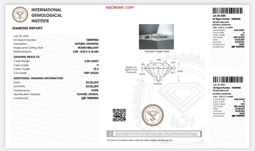 没有保留价 - 1 pcs 钻石  (天然)  - 0.50 ct - 圆形 - H - VS2 轻微内含二级 - 国际宝石研究院（IGI） - *EX EX EX* 无* #4.3