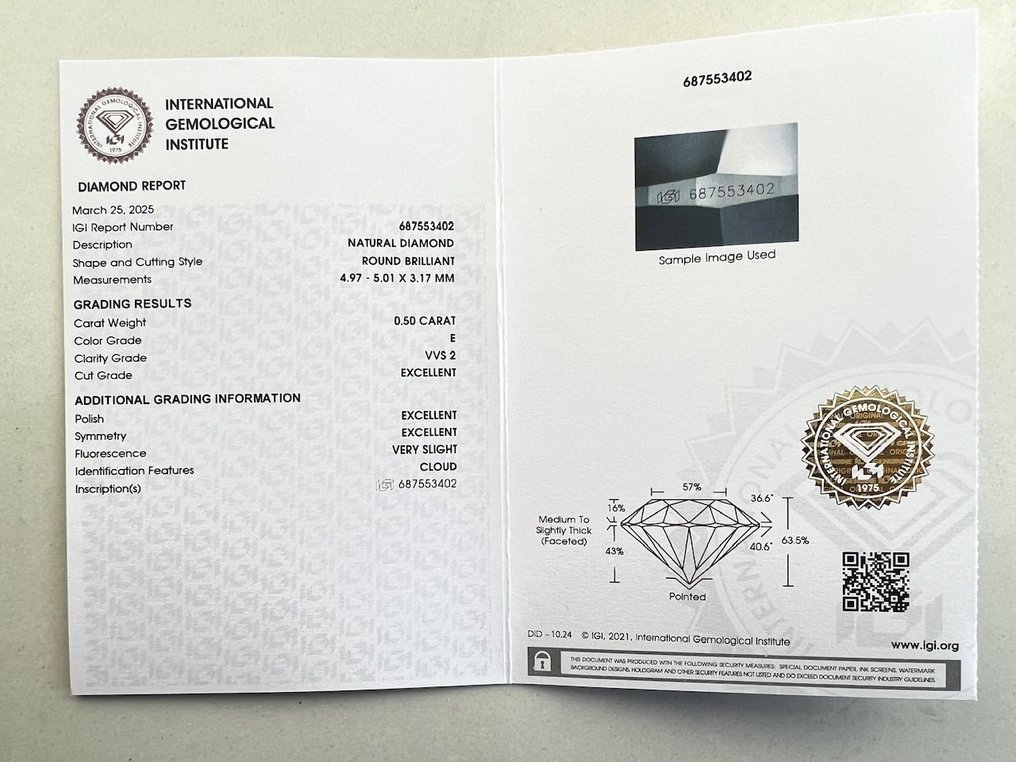 1 pcs 钻石  (天然)  - 0.50 ct - 圆形 - E - VVS2 极轻微内含二级 - 国际宝石研究院（IGI） #2.1