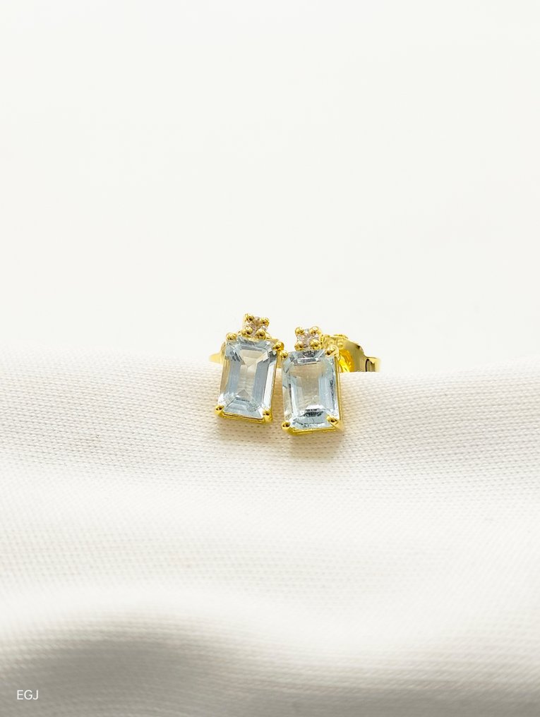 没有保留价 - 耳环 - 14K包金 黄金 海蓝宝石 - 钻石 #1.0