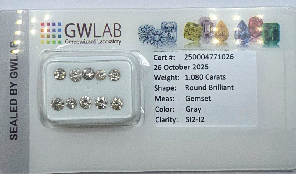 No Reserve Price - 10 pcs Diamond  (Natural coloured)  - 1.08 ct - Round Grey - SI2, I2 - Gemewizard Gemological Laboratory (GWLab) #1.0