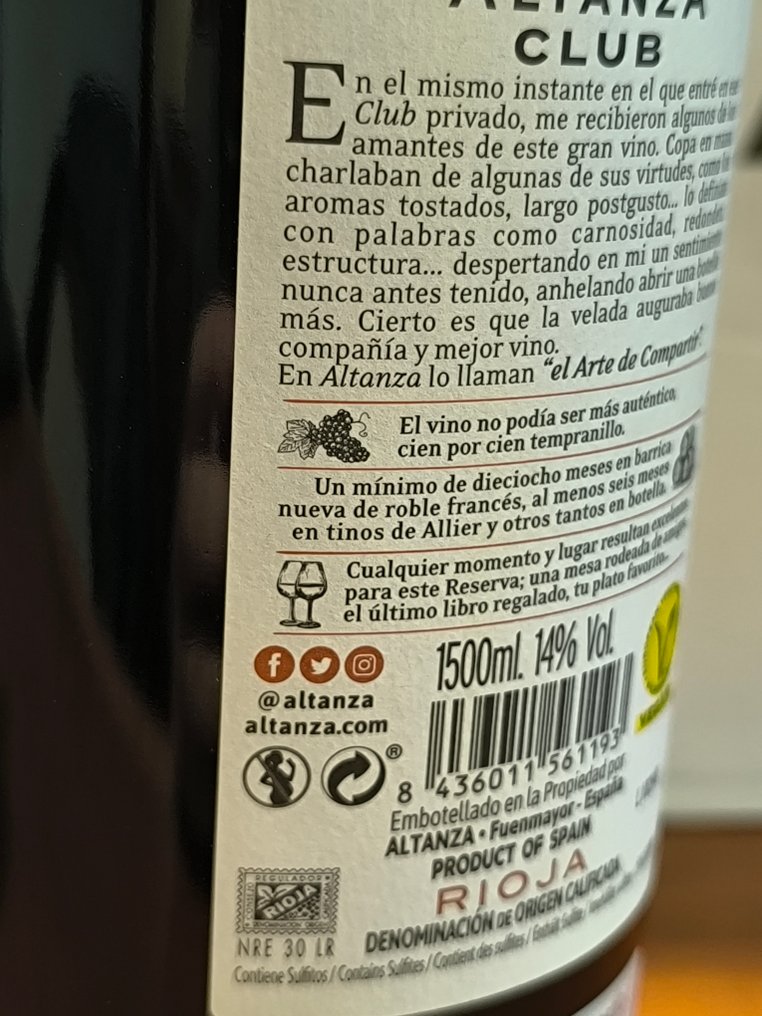 2016 Bodegas Altanza, Altanza Club - 里奥哈 DOC, Reserva - 2 Magnums (1.5L) #3.2