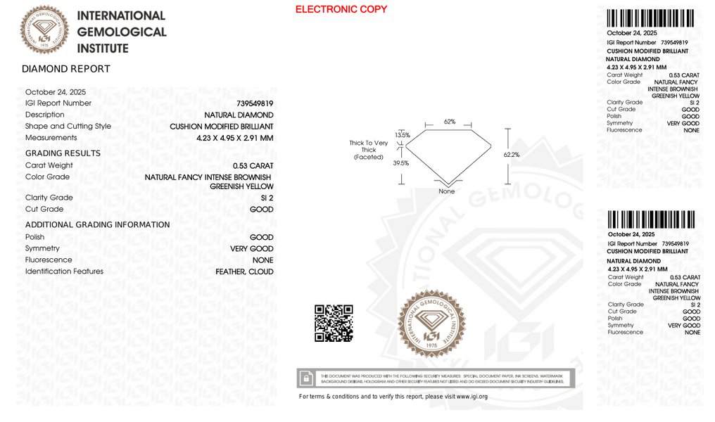 χωρίς τιμή ασφαλείας - 1 pcs Διαμάντι  (Φυσικού χρώματος)  - 0.53 ct - Κούσιον - Fancy intense Καφετί, Πρασινωπό Κίτρινο - SI2 - International Gemological Institute (IGI) #4.3