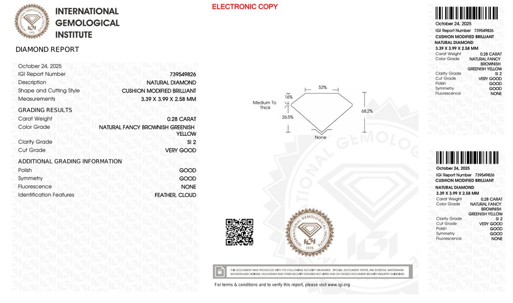 没有保留价 - 1 pcs 钻石 (天然色彩的) - 0.28 ct - 枕形 - Fancy 稍帶棕色的, 稍帶綠色的 黄色 - SI2 微内含二级 - 国际宝石研究院(IGI) #4.3