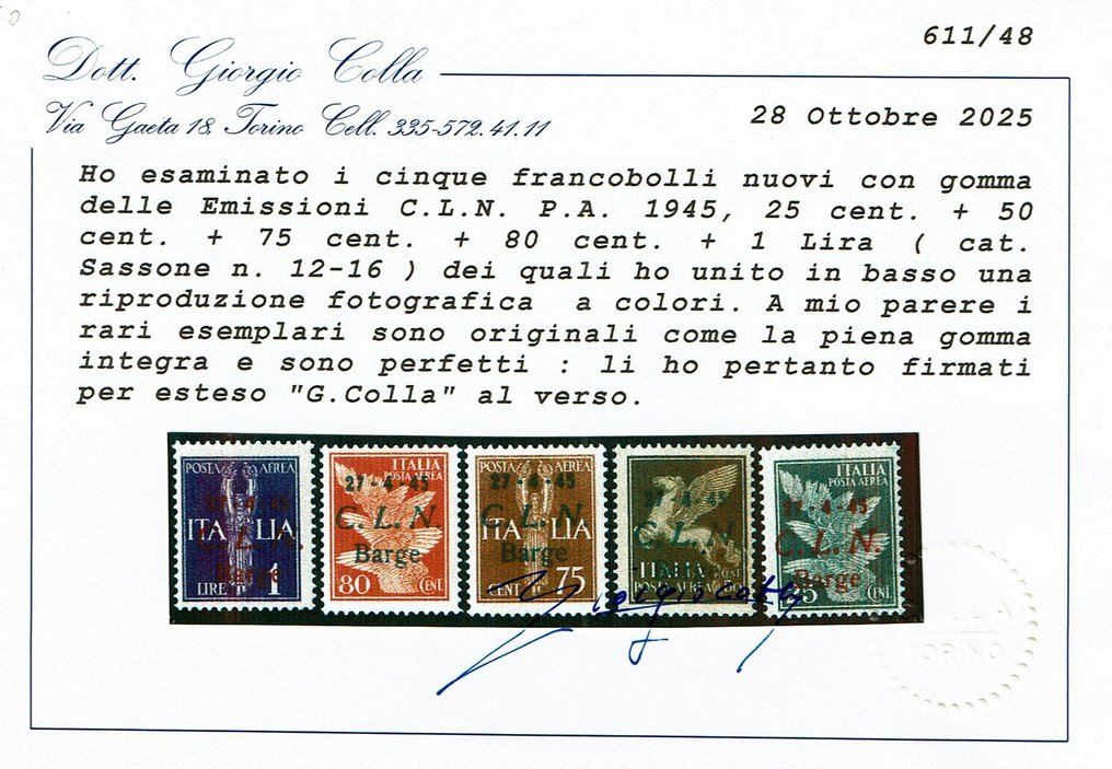 意大利王国 1945 - C. L. N. Barge 邮政稀有品 MNH - Sassone 12/16 #2.1