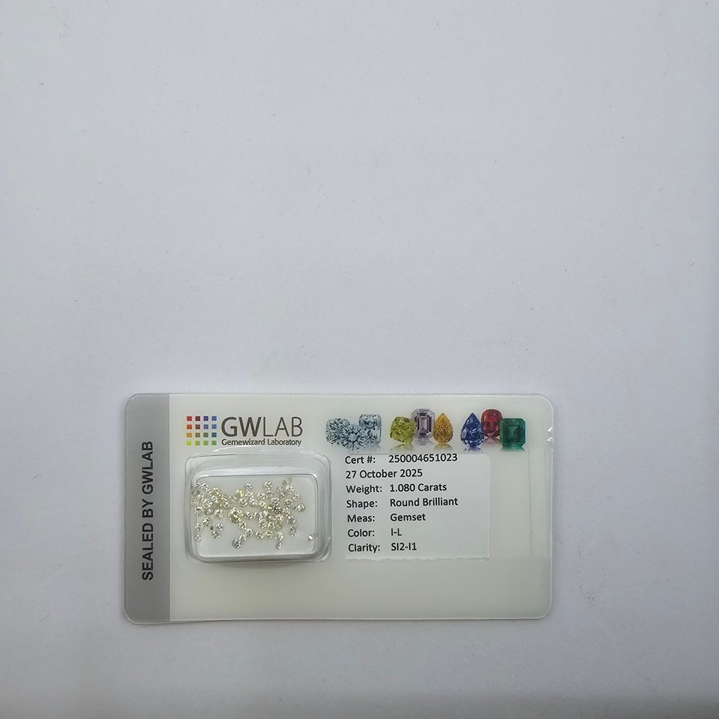 沒有保留價 - 63 pcs 鑽石 (天然) - 1.08 ct - 圓形 - I(極微黃、正面看為白色), L(輕微黃、帶有輕微黃的折射色) - SI2, I1 - Gemewizard Gemological Laboratory (GWLab) #3.2