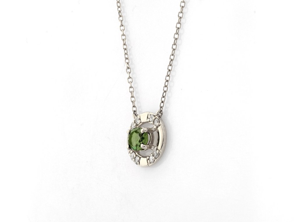 吊坠项链 - 14K包金 白金 - 0.61ct. tw. 橄榄石 - 钻石 #1.0