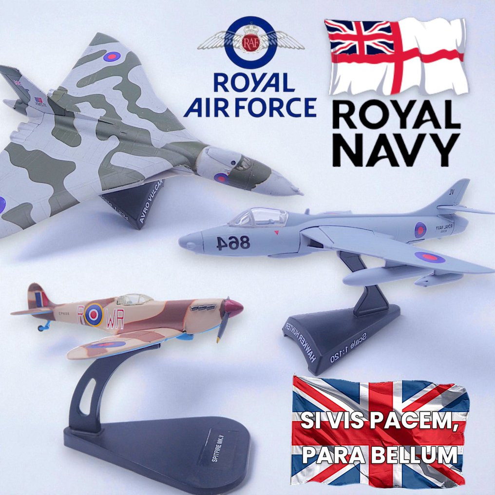 Royal Air Force, Royal Navy (UK) 1:100, 1:120, 1:234 - Model military vehicle (3) - Avro Vulcan / Hawker Hunter / Spitfire Mk.V - World War II - Series: 'If you want peace, prepare for war,' #1.0
